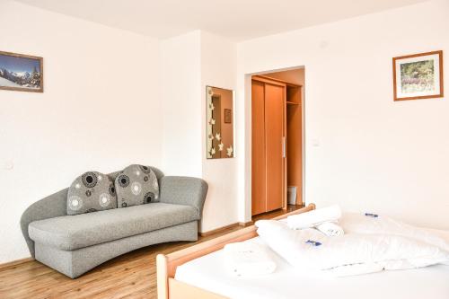ein Wohnzimmer mit einem Sofa und einem Stuhl in der Unterkunft Hotel Panorama in Elbigenalp