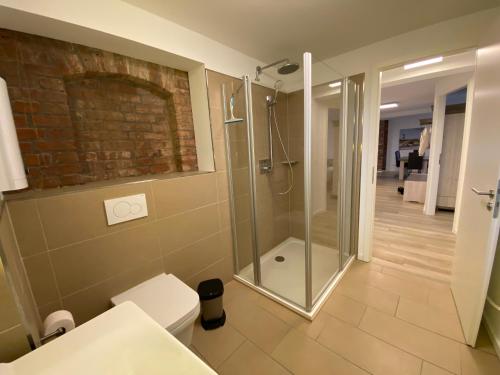 Un baño con ducha de cristal y un inodoro. en Fewo Sonnenblick, en Barth
