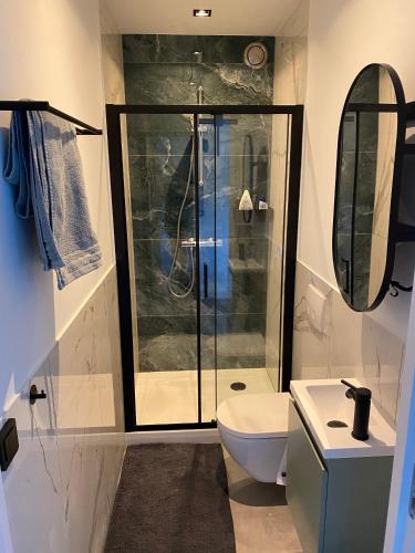 a bathroom with a shower and a toilet and a mirror at Appartement Juf in Lisse