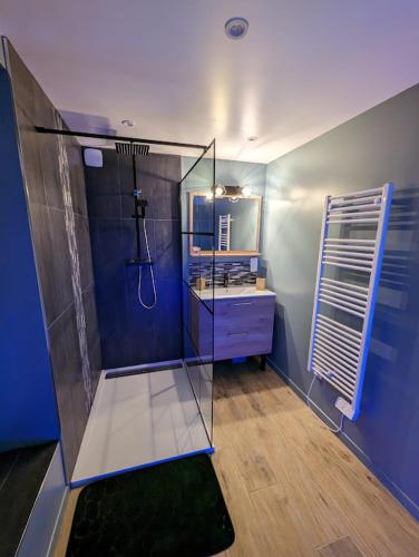 La salle de bains est pourvue d'une douche et d'un lavabo. dans l'établissement Déliv'Love, à Douvres-la-Délivrande