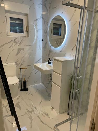 bagno con lavandino, servizi igienici e specchio di Apartments Čule a Rab