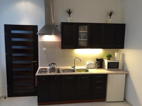 a kitchen with black cabinets and a sink and a microwave at Central King Apartment in Budapest