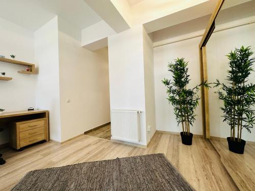 an empty living room with two potted plants at Luxury Studios in Iaşi