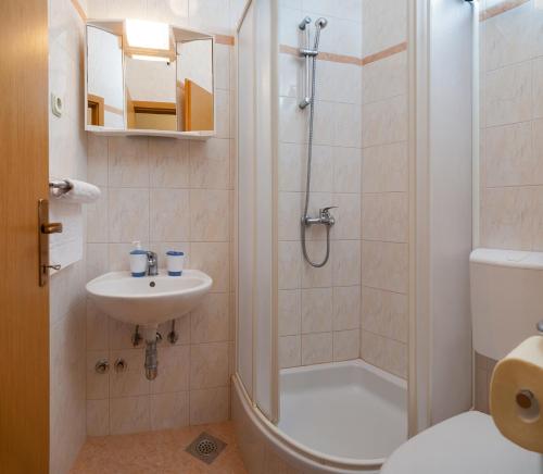 a bathroom with a shower and a sink and a toilet at House Marta in Baška Voda