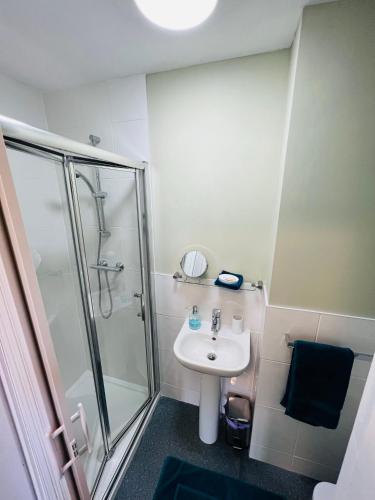 a bathroom with a sink and a shower at Pentre Cerrig Country House in Llanferres