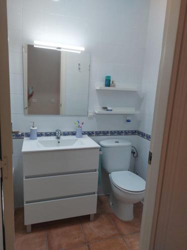 a bathroom with a toilet and a sink and a mirror at Aldea Playa Golf 2 dormitorios in Huelva
