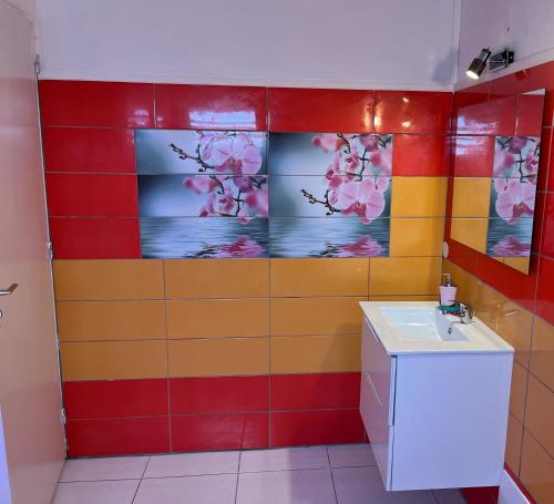 a bathroom with colorful walls and a sink at M'LOCATION - La Fontaine Bleue in Le Moule
