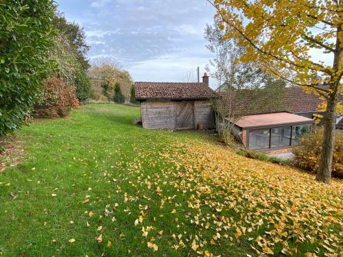 a yard with leaves on the grass next to a house at L’appartement du Fayé avec jacuzzi privé in Étueffont-Bas