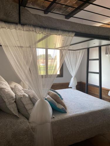 a bedroom with a bed with curtains and a window at La Finestra del Delta in L'Ampolla
