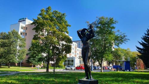a statue of a woman in the grass in a park at Hotel Kristína in Dubnica nad Váhom