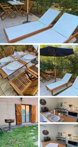 un collage di quattro fotografie di un tavolo con ombrello di Mini-Villa climatisée Porto-Vecchio a Porto Vecchio
