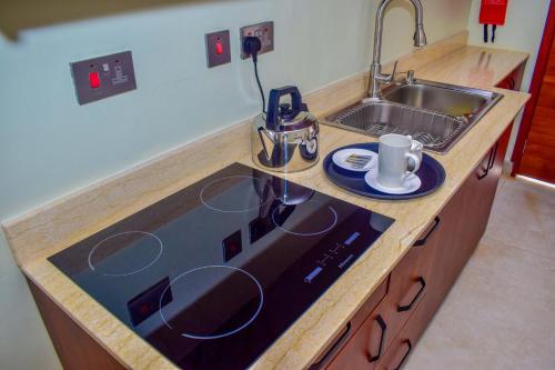 a kitchen counter with a stove and a sink at Le Cottage Mbale in Mbale