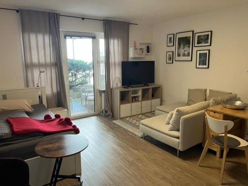 ein Wohnzimmer mit einem Sofa und einem TV in der Unterkunft 1 Zimmer Wohnung mit der Terrasse in der Innenstadt in Wiesbaden