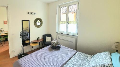 リモーネ・スル・ガルダにあるNelson Apartmentのベッドルーム1室(ベッド1台、窓、テーブル付)