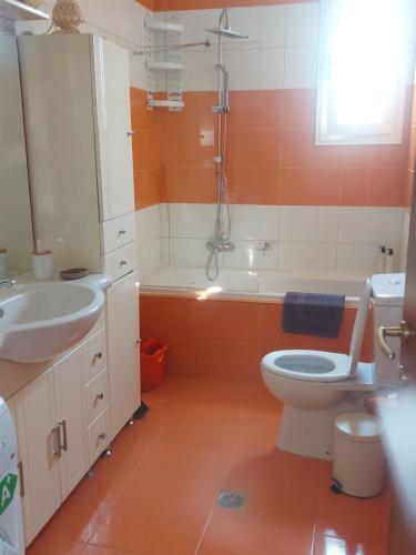 un bagno con lavandino, WC e doccia di Ulmus Suite a Volos