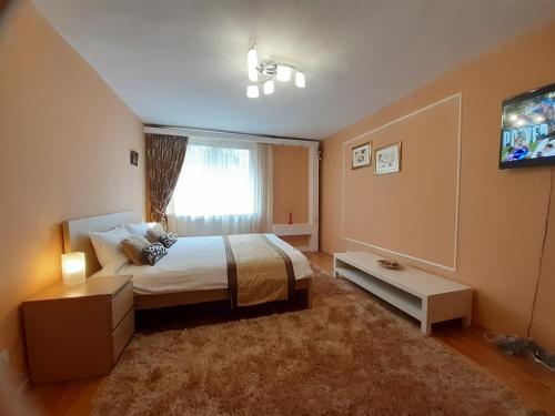 een slaapkamer met een groot bed en een raam bij Apartament Central in Piatra Neamţ