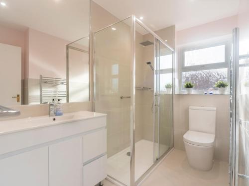 a bathroom with a shower and a toilet and a sink at Pass the Keys Stylish 2 Bedroom Family Home in Worcester Park