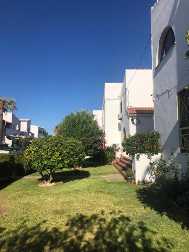 a yard next to a white building with a tree at Vista Mar Aldeia de Marim in Marim