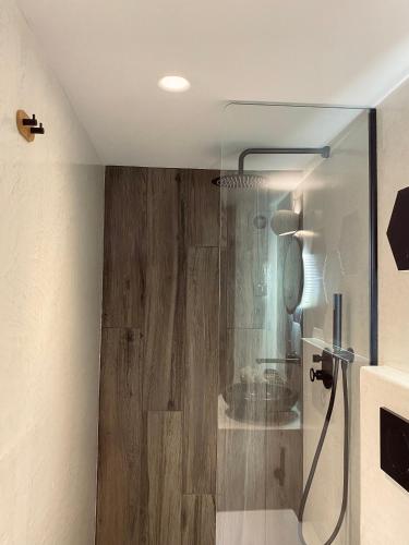 a bathroom with a shower with a glass door at Galanos Katoikies in Órmos Aiyialís