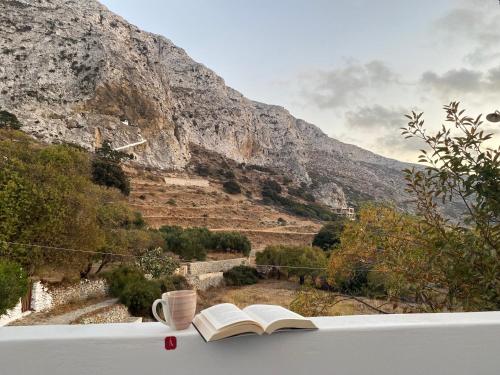 an open book on a ledge with a mountain at Galanos Katoikies in Órmos Aiyialís