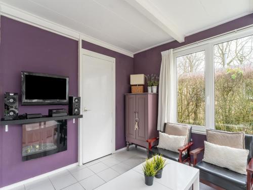 a living room with purple walls and a tv at Holiday Home in Zeeland near Lake in Baarland
