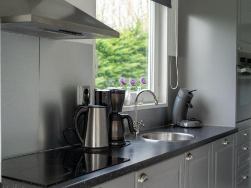 a kitchen counter with a sink and a window at Holiday Home in Zeeland near Lake in Baarland