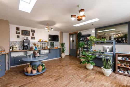 uma cozinha com armários azuis e vasos de plantas em Domo Anna em Villasimius