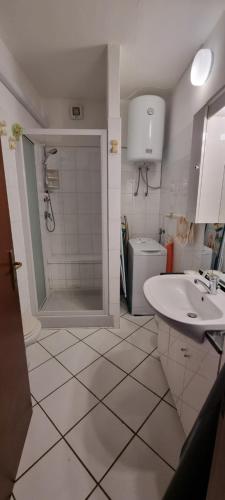 y baño con ducha, lavabo y aseo. en Attico Blu Mare, en Porto Recanati
