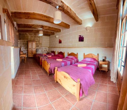 una habitación con una fila de camas con sábanas moradas en Tan-Nahla (128B) Holiday Farmhouse with Private Pool en Il-Pergla