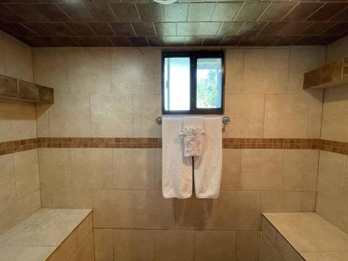 a bathroom with a shower with a towel and a window at 4-bedroom home with gorgeous view in Mineral Wells