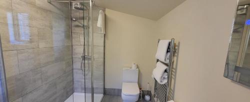 a bathroom with a toilet and a glass shower at Garden Cottage in Kelling