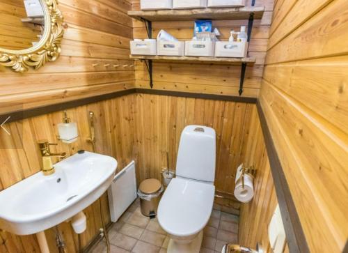 een badkamer met een wit toilet en een wastafel bij Perinnetupa Viitikko 