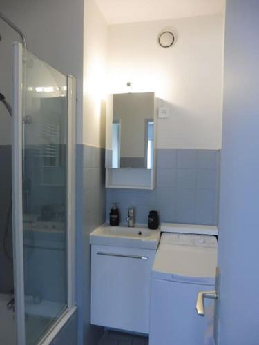 une salle de bain blanche avec un lavabo et une douche dans l'établissement studio avec vue sur lac, à Aix-les-Bains