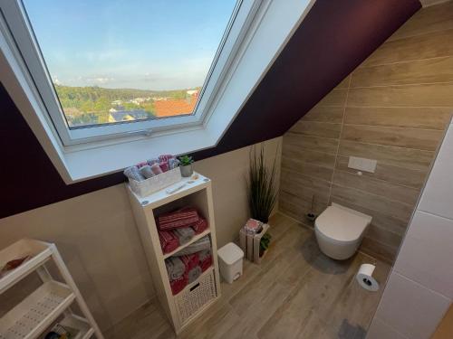 an attic bathroom with a toilet and a window at Haus Lotusblüte in Kelberg