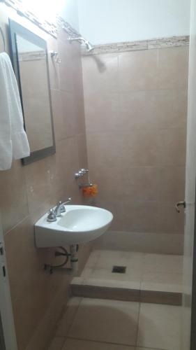 y baño con lavabo y ducha con espejo. en Loma Blanca en Libertador General San Martín