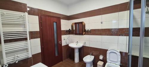 uma casa de banho com um lavatório, um WC e um espelho. em The Luxe Apartments em Gjirokastër