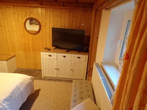a bedroom with a bed and a flat screen tv at Peeneurlaub in Lassan