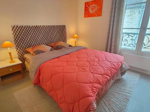 ein Schlafzimmer mit einem großen rosa Bett und einem Fenster in der Unterkunft Le gîte entre val et rose in Provins