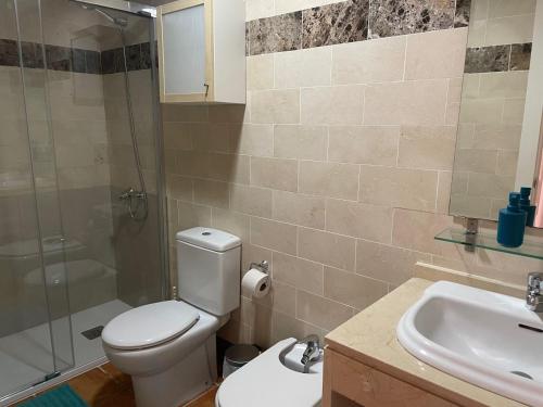 y baño con aseo, lavabo y ducha. en Apartamentos Mar Azul en Almerimar
