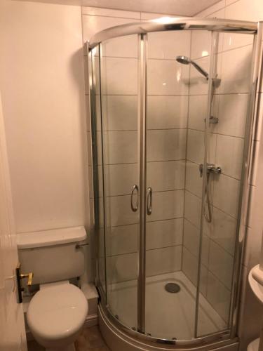 a bathroom with a shower and a toilet at Lovely 3 Bed Semi Detached house with off street parking located in a quiet Close in London