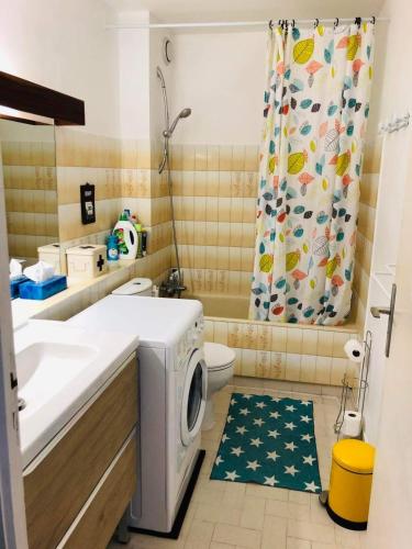 une salle de bain avec une machine à laver et un lavabo dans l'établissement Appart T2 vue imprenable sur le canal et la mer, à Port-la-Nouvelle