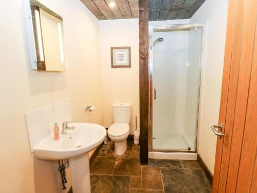 een badkamer met een wastafel, een toilet en een douche bij The Bike Shed in Disley