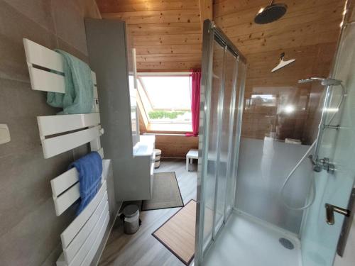 a bathroom with a shower with a glass shower stall at Les Dômes du Ponant in Plouguerneau