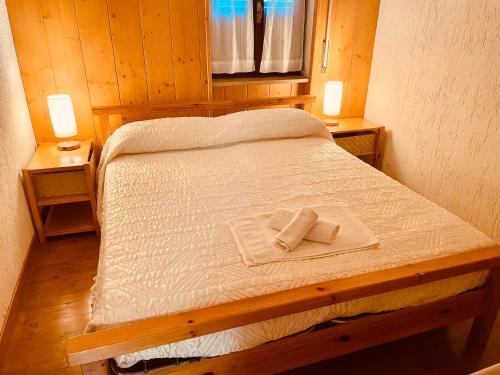 アジアーゴにあるAppartamento Asiago - Residence Grassana - a pochi passi dal centroのベッドとタオル2枚のある寝室