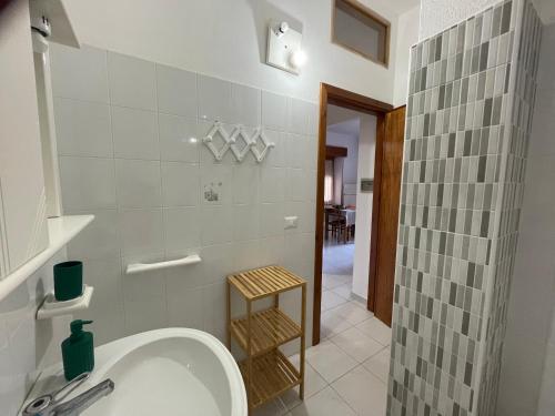 y baño con lavabo blanco y ducha. en Da Mamma IUN Q9152, en Santa Maria Navarrese