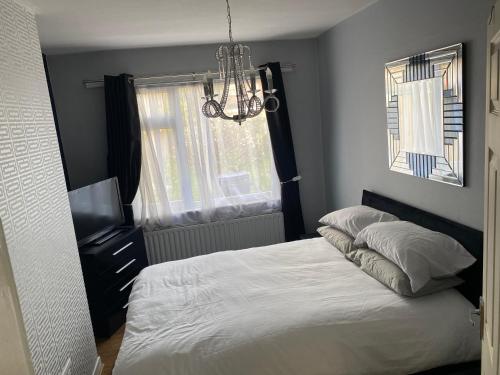 a bedroom with a bed and a television and a chandelier at Lovely Stay in Parkside