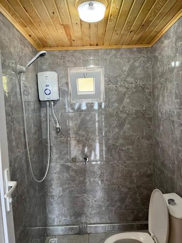 a bathroom with a shower and a toilet at Silahcılar apart pansiyon in Kumluca