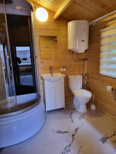 a bathroom with a toilet and a sink at Siodemkacamp Karwia in Karwia