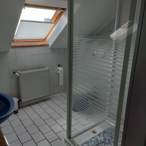 a shower stall in a bathroom with a toilet at Wohnung mit Weitblick in Neustadt an der Weinstraße