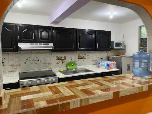 a kitchen with black cabinets and a sink and a counter at Alojamiento Vacacional Casa Conchalito in La Paz